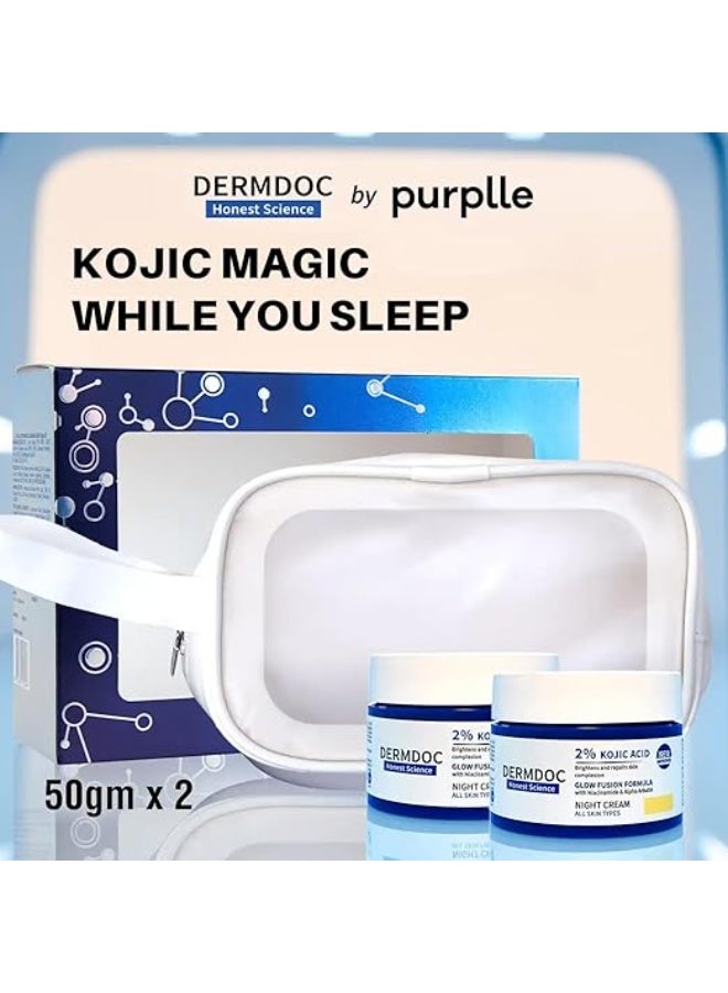 DERMDOC Combo Kit of 2% Kojic Acid Glow Fusion Formula Night Cream (50 gm) | Pack of 2 | Skin Brightening Face Cream I Night Cream I Kojic Acid Brightening Cream I Glowing Skin | With Niacinamide & Alpha Arbutin for Skin Brightening - Image 4